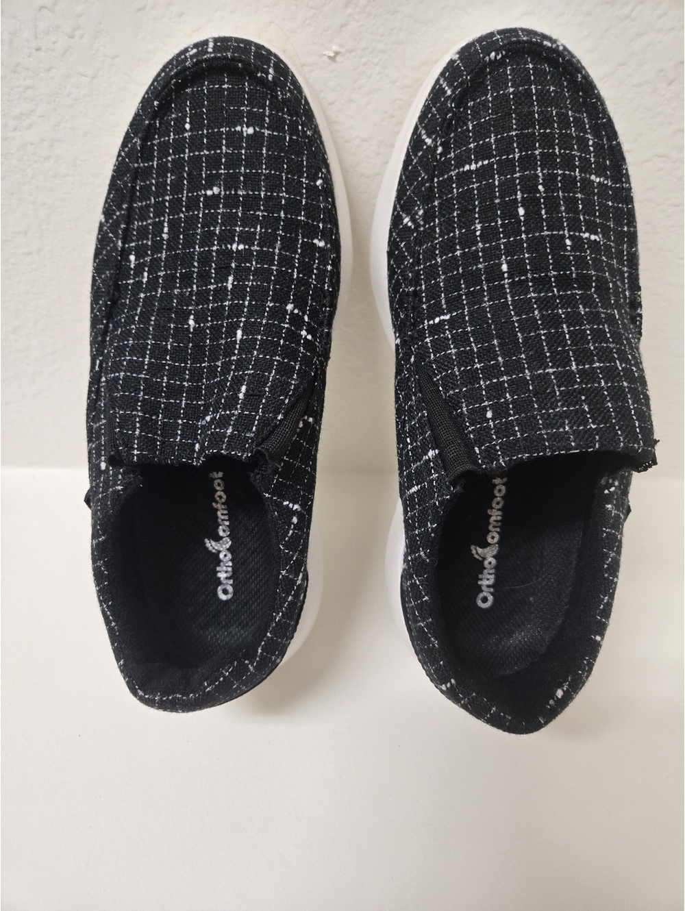 OrthoComfoot Black White Tweed Slip On Orthopedic Shoes